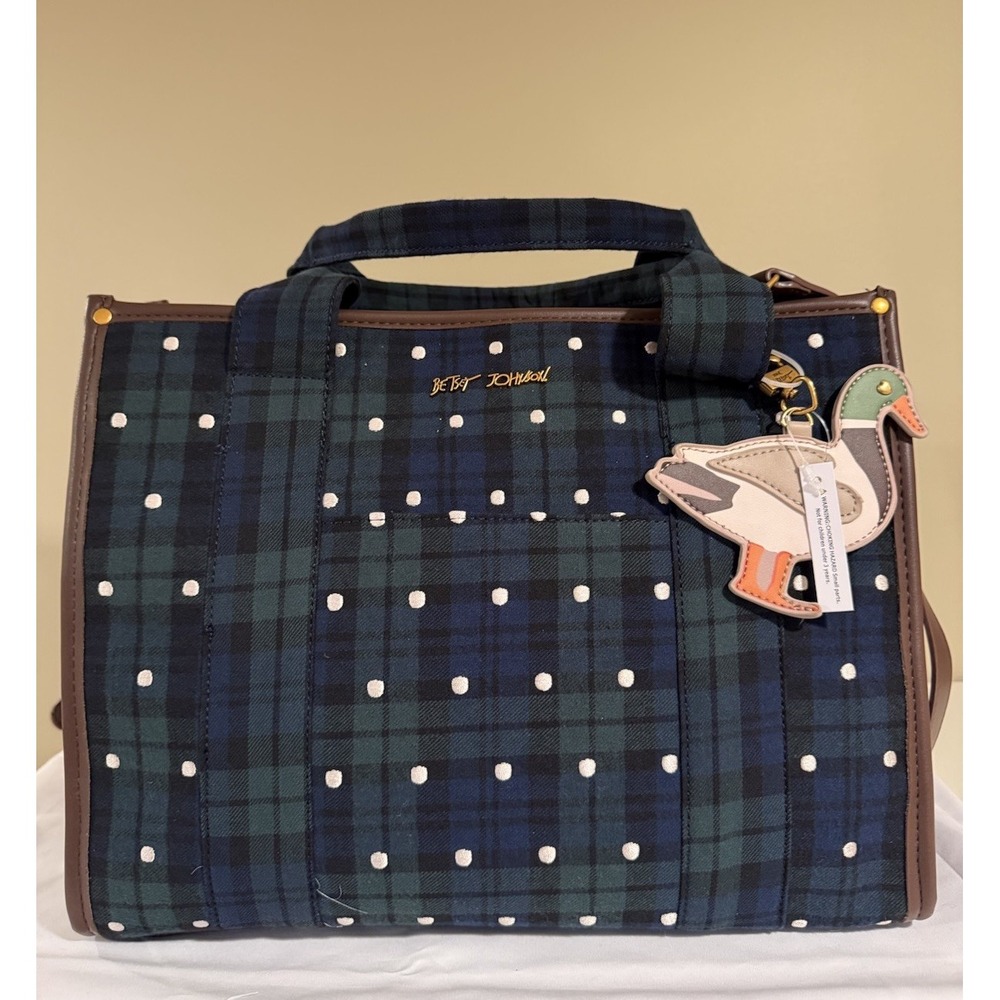 Betsey Johnson Green & Blue Plaid Tote with Mallard Duck Charm